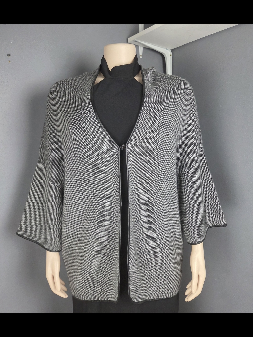 Massimo Dutti Gray Knit Open-Front Poncho with Black Trim